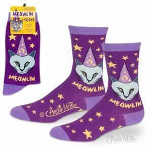 New Soft Magical Purple Yellow Stars Meowlin Merlin the Magic Cat Kitten Socks
